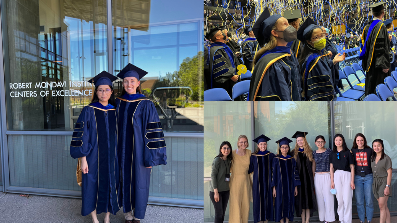 Graduation of Sierra Durham and Yu-Ping Huang. Left: Sierra and Yu-Ping in front of the Robert Mondavi Institute, Upper Right: Sierra and Yu-Ping at their commencement ceremony, Lower Right: Barile Lab celebrating with Sierra and Yu-Ping.