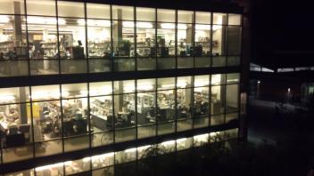 The lab at night (2nd floor on the right).