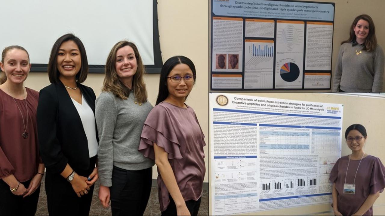 Collage of three photos. Left: Sierra Durham, Zhe Wei, Amanda Sinrod, and Yu-Ping Huang pose after receiving their awards; Upper right: Amanda Sinrod with her poster; Lower right: Yu-Ping Huang with her poster