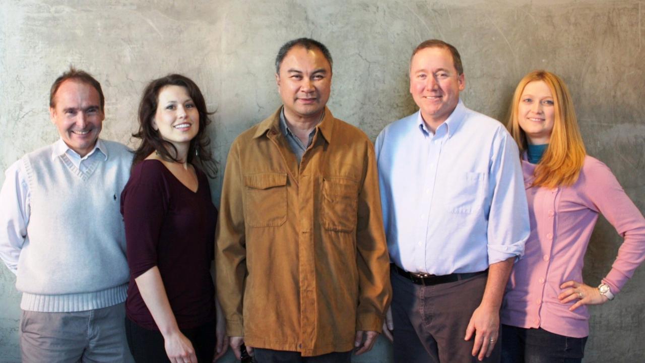 Group photo of UC Davis researchers, from left, Dr. Bruce German, Dr. Jennifer Smilowitz, Dr. Carlito Lebrilla, Dr. David Mills, and Dr. Daniela Barile. Not pictured is team member Dr. Mark Underwood.