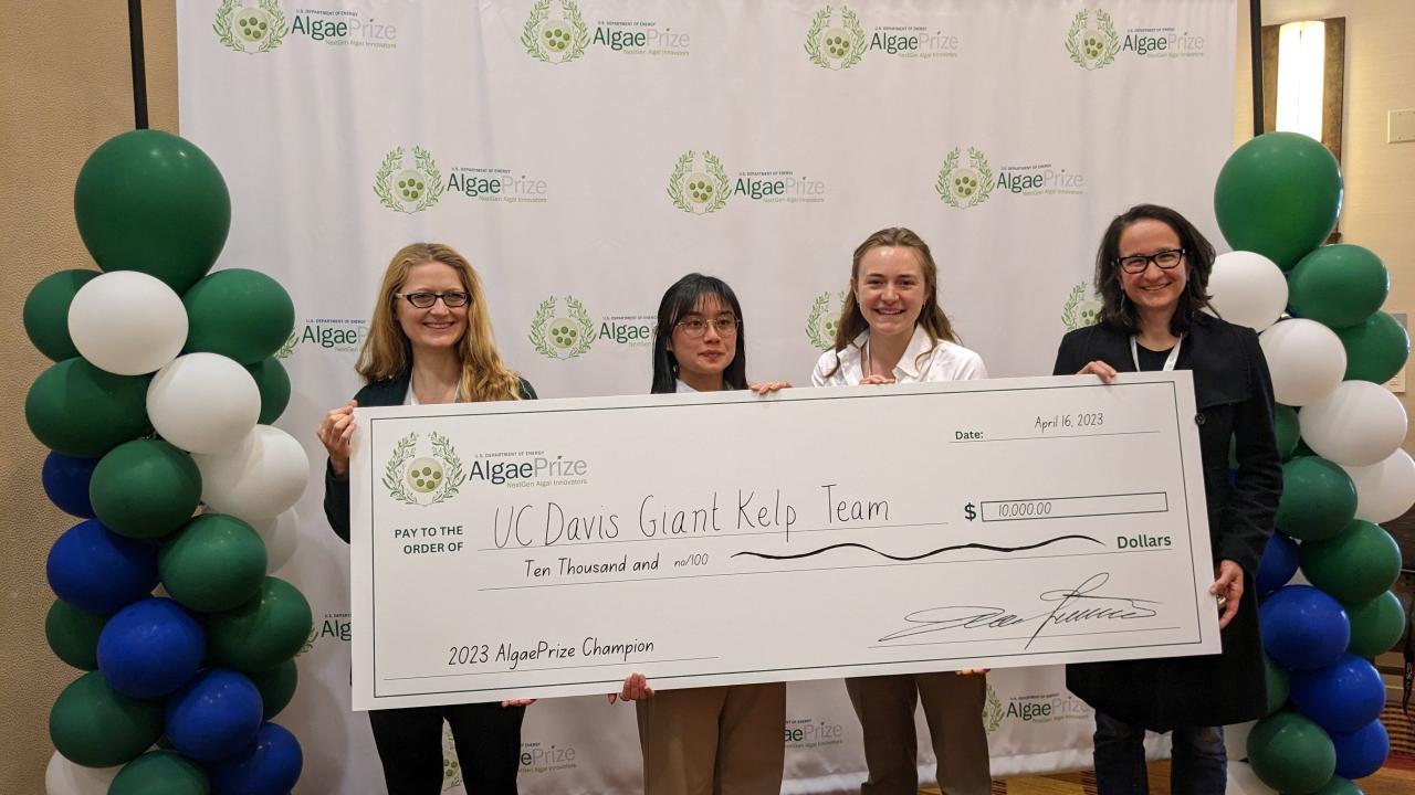Dr. Daniela Barile, Truc Pham, Mia Gaiero and Dr. Juliana de Moura Bell with their AlgaePrize award check