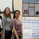 Collage of three photos. Left: Sierra Durham, Zhe Wei, Amanda Sinrod, and Yu-Ping Huang pose after receiving their awards; Upper right: Amanda Sinrod with her poster; Lower right: Yu-Ping Huang with her poster